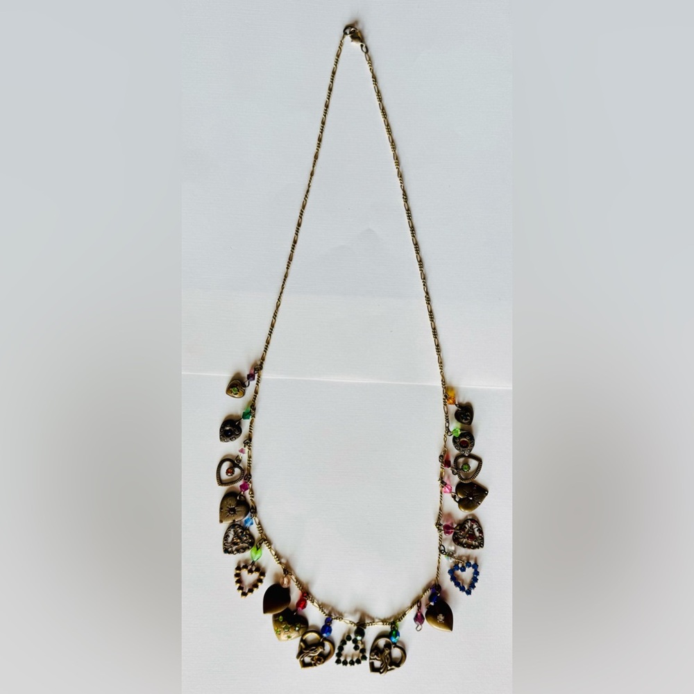 Gold-Tone Heart Charm Necklace – 28” Eclectic Statement Piece